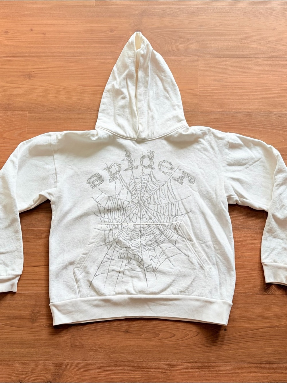 White Hoodie with Silver Rhinestone Spiderweb Graphic Spider S